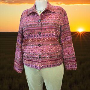 Coldwater Creek Sz XL Mauve Purple & Gold Striped Long Sleeve Textured Jacket